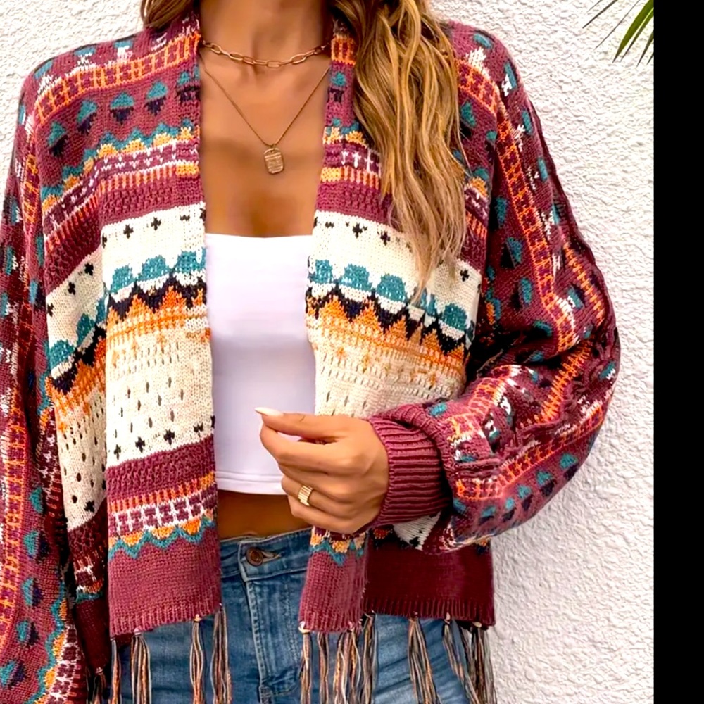 Ethnic Graphic Pattern Tassel Cardigan, Vintage Open Front Cardigan.